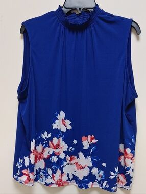 Elle Royal Blue Sleeveless Floral Mock Neck Camisole Women's Size XL Like New